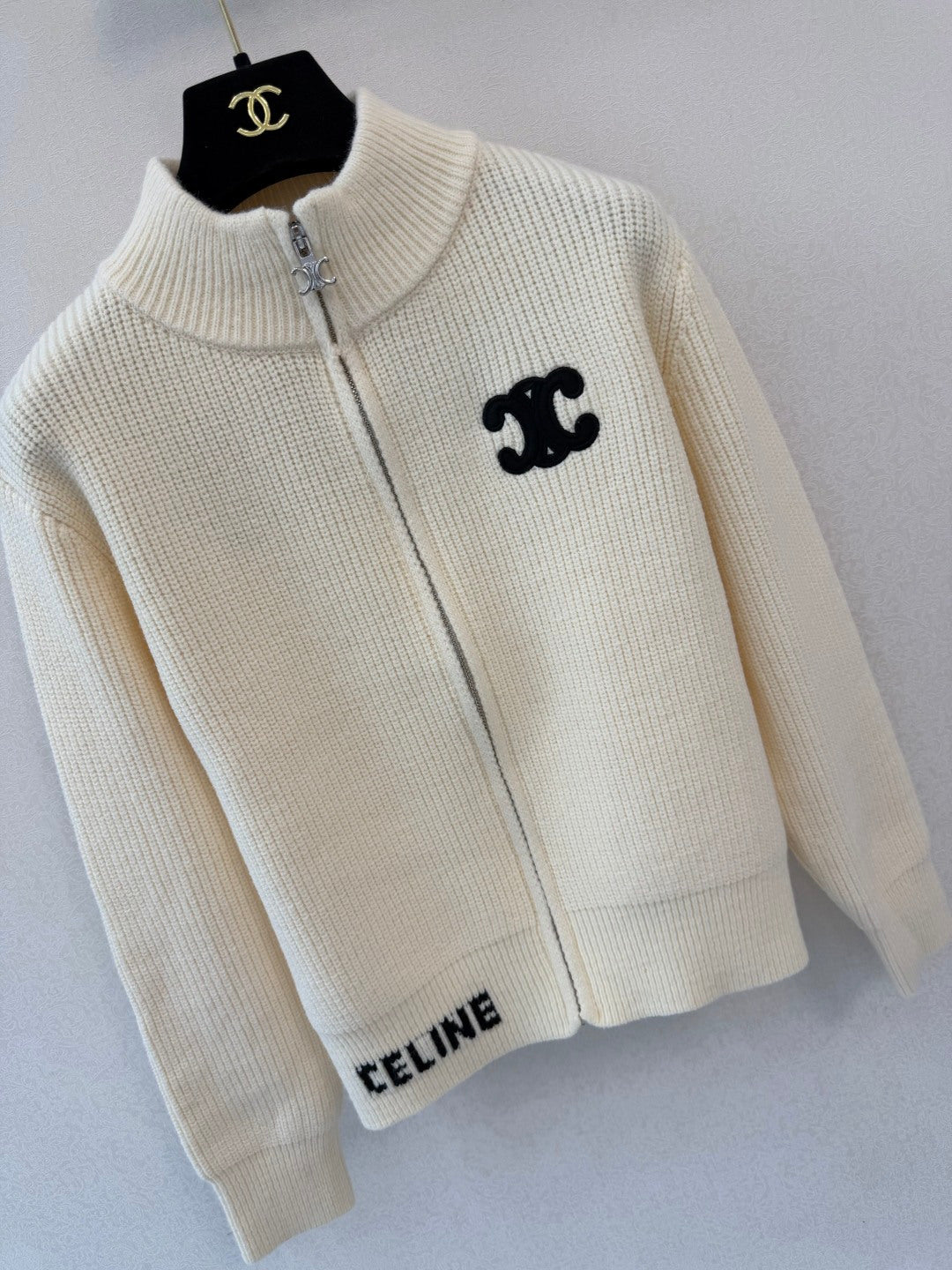 Celine 26s Turtleneck Knit Cardigan Ivory Wool 423144