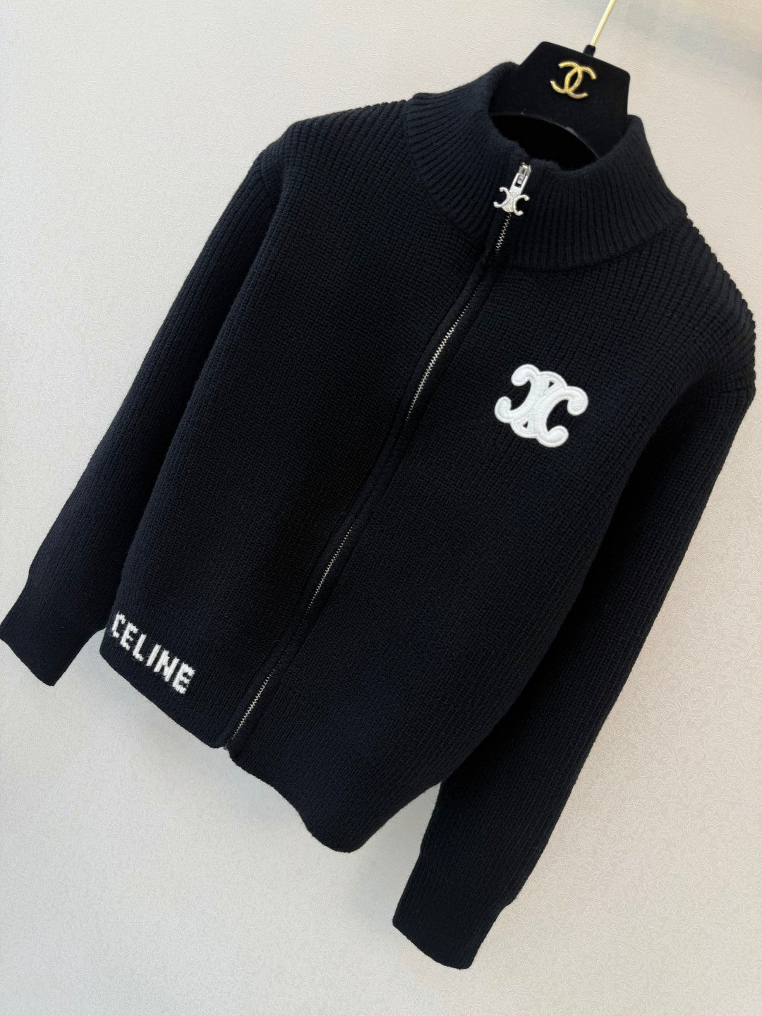 Celine 26s Zippered Long-Sleeved Cardigan Black Cotton Wool 424814