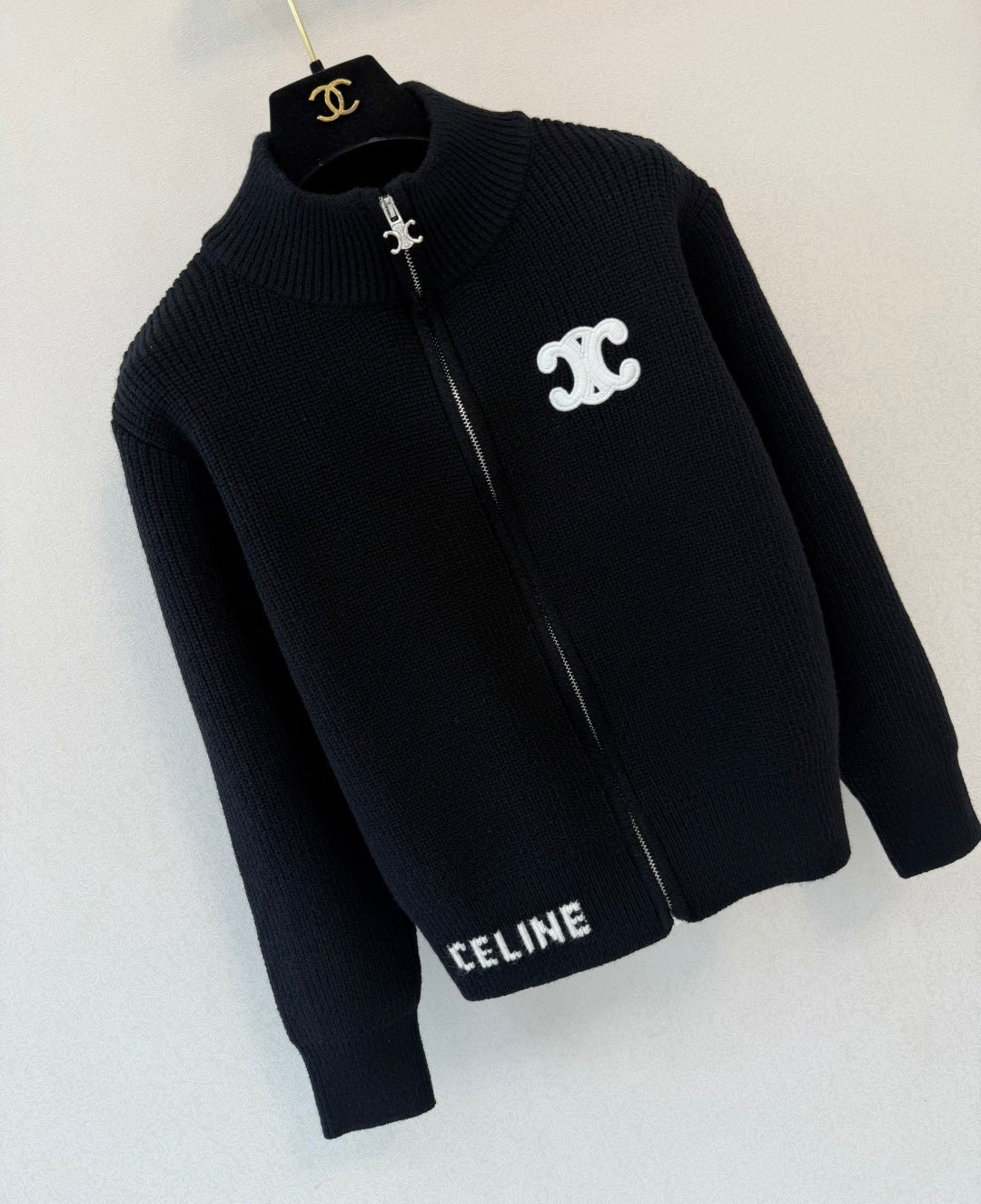 Celine 26s Zippered Long-Sleeved Cardigan Black Cotton Wool 424814