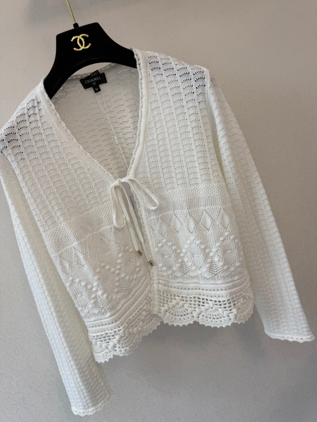 CC 26s Lace Knit Tie-Front Cardigan White Wool 423117