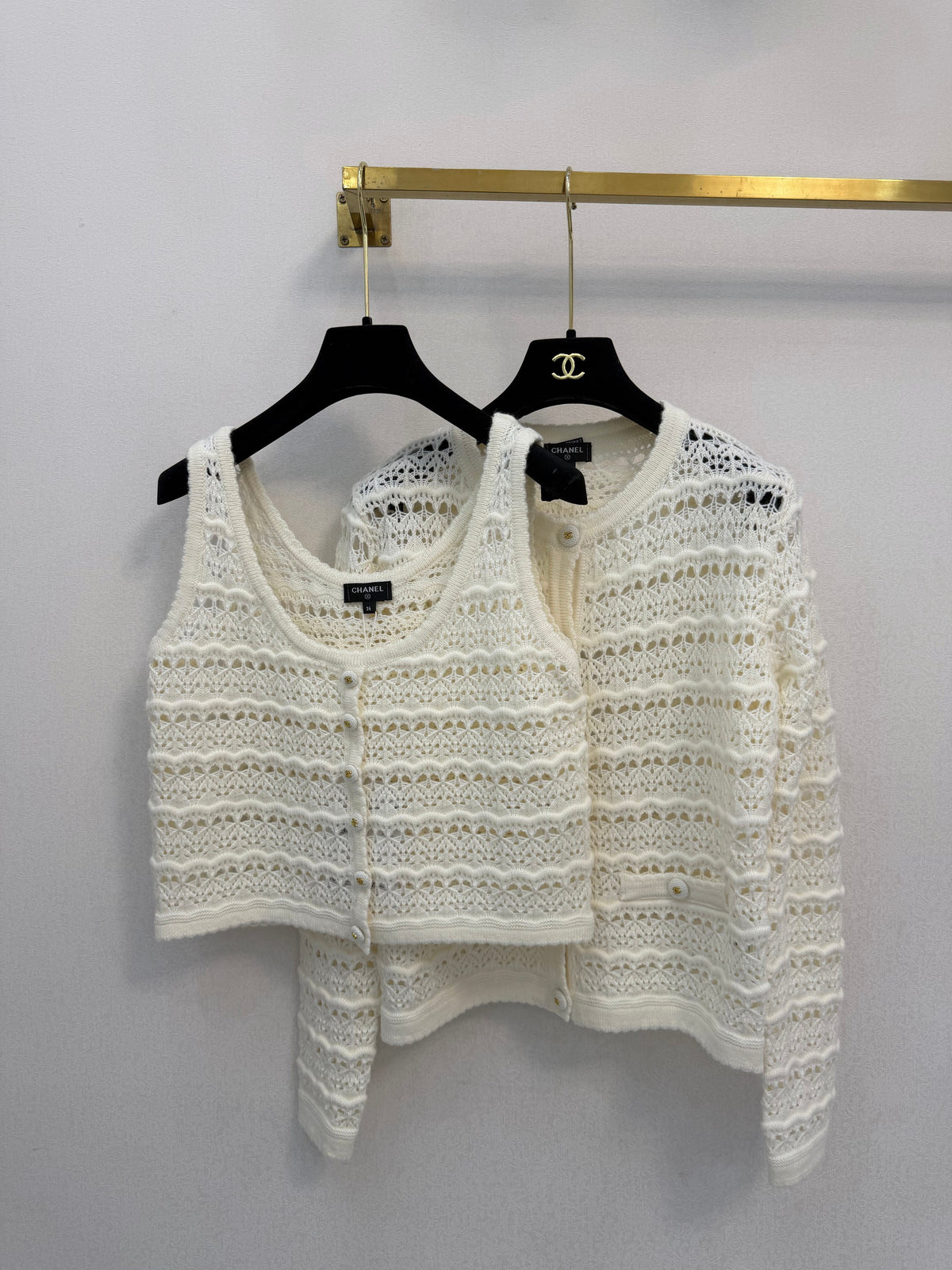 Chanel 26s Twinset Open-Knit Cardigan Camisole White 429796