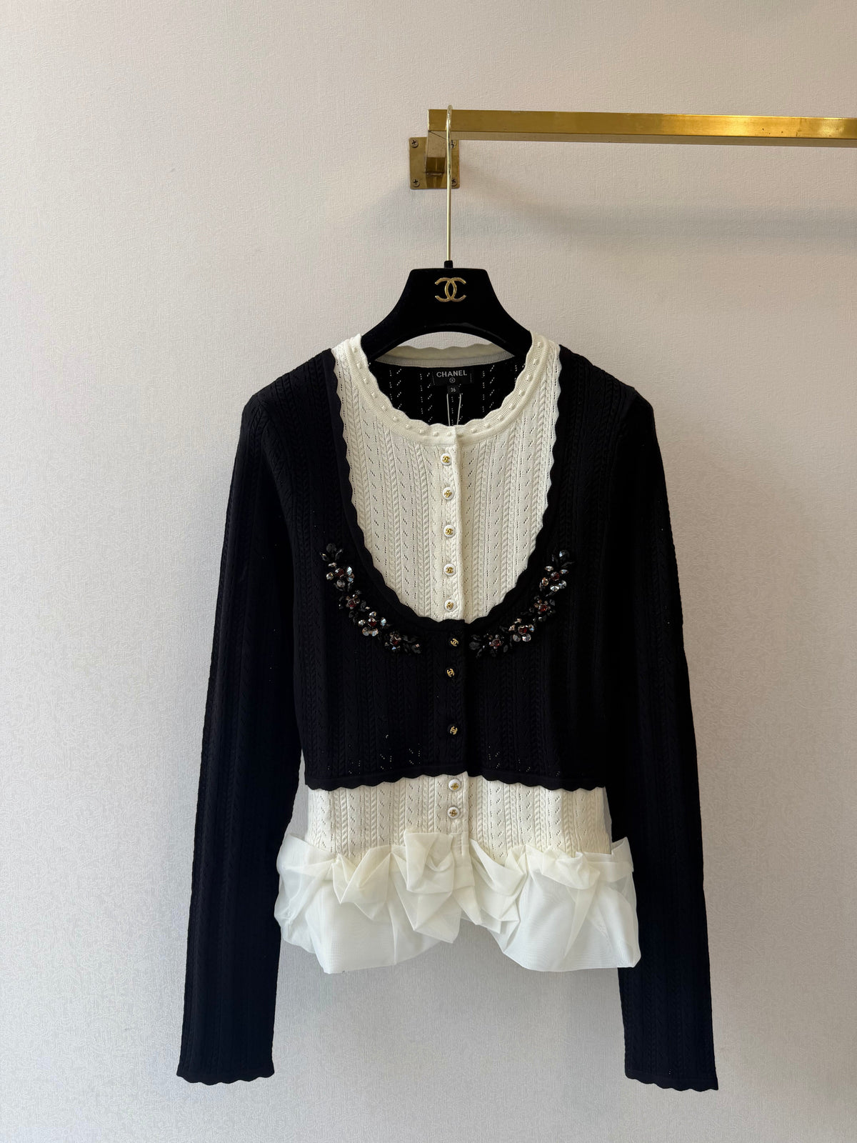 Chanel 26s Cardigan Colorblock Embellished Ruffle-Trim Black-White 429792