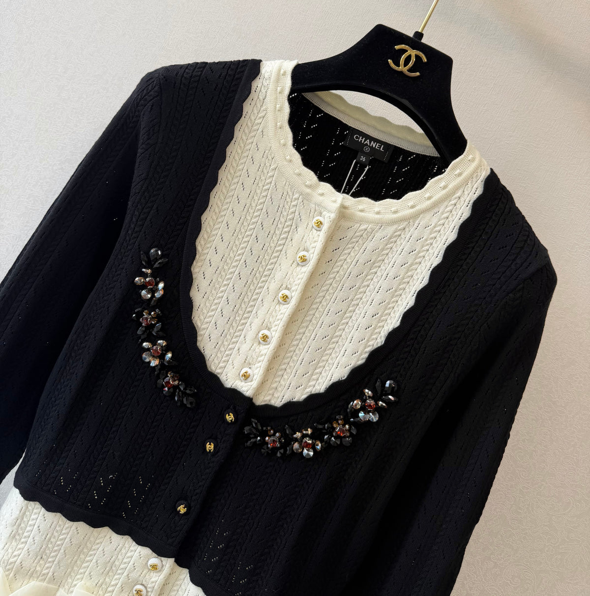 Chanel 26s Cardigan Colorblock Embellished Ruffle-Trim Black-White 429792