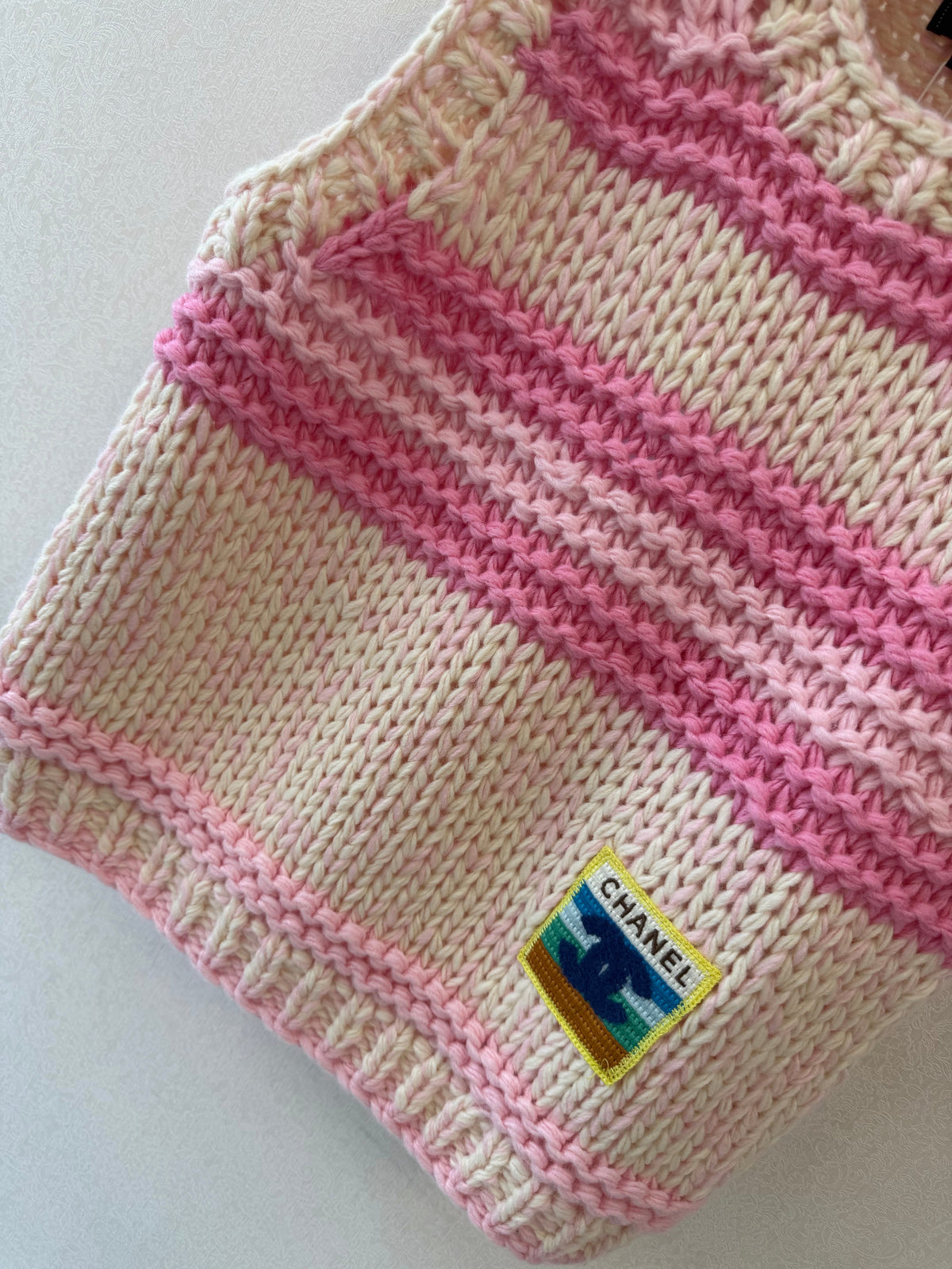 Chanel 26s Knit Vest Striped Pink Beige Cashmere 654321