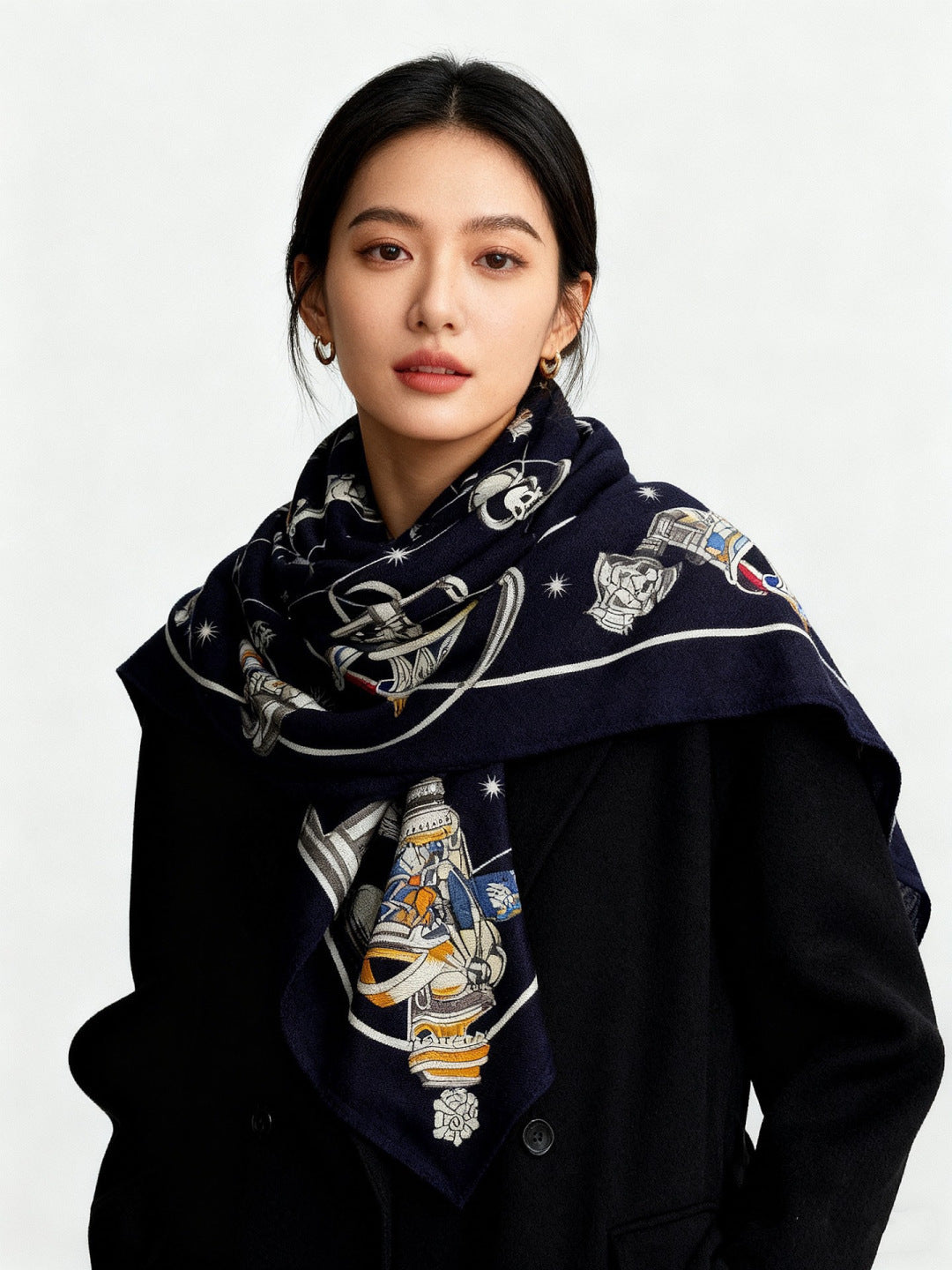 HM Starry Night Chorus Double-Sided Scarf 140cm Navy Blue Silk Cashmere 143715