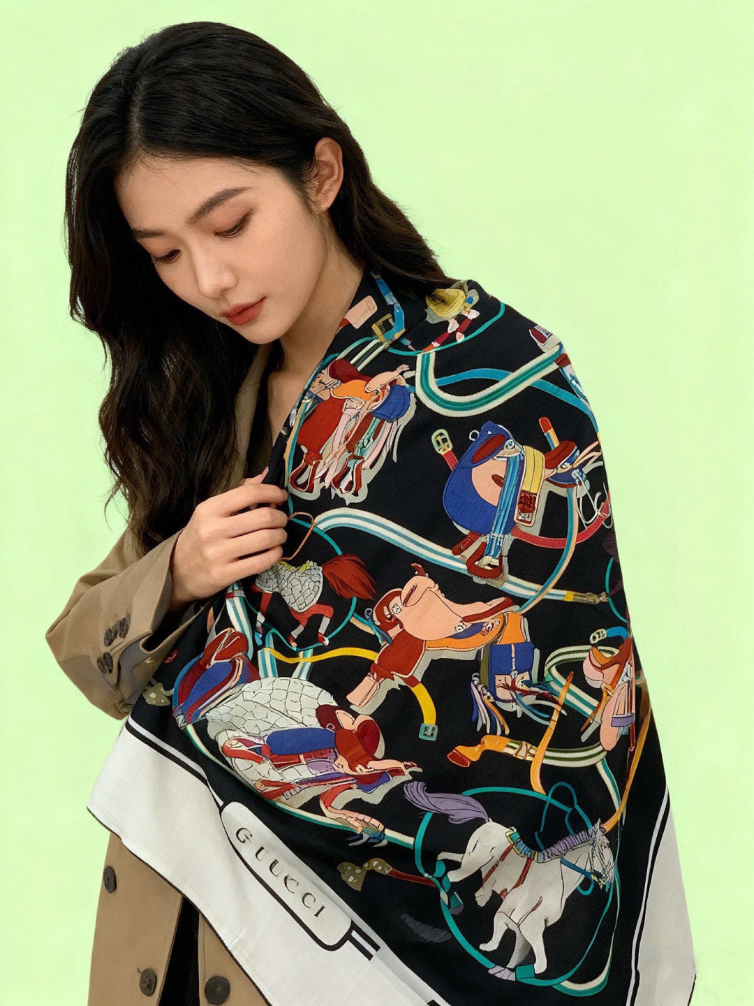 GG Double-sided Scarf White  Black 135CM  Cashmere Silk 143720