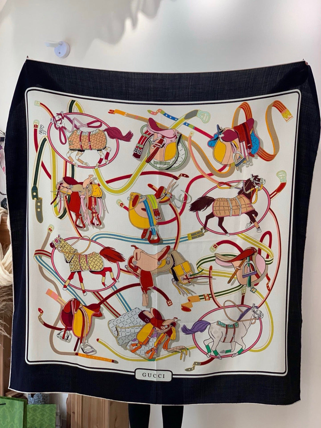 GG Double-sided Scarf Black White  135CM  Cashmere Silk 143721