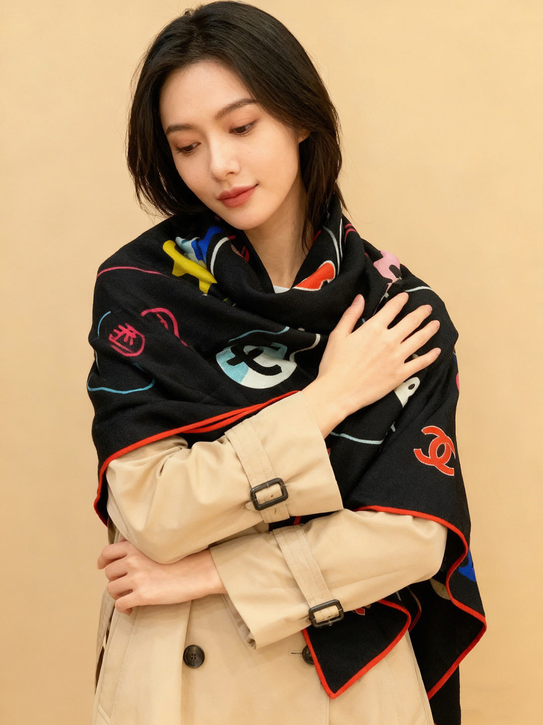 CC Scarf 135cm Black Mulberry Silk Cashmere 143724