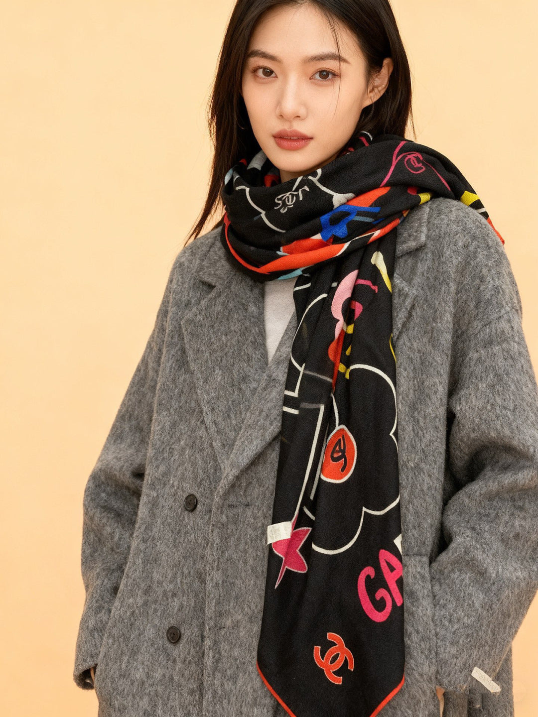 CC Scarf 135cm Black Mulberry Silk Cashmere 143724