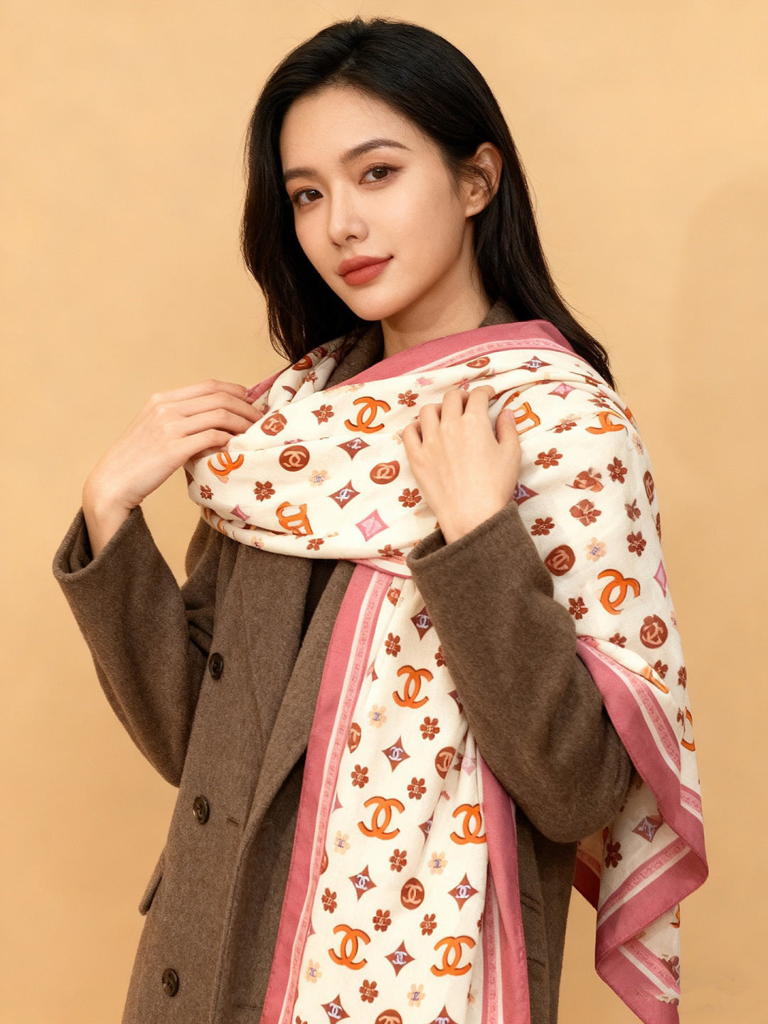 CC Scarf 140cm Pink Monogram Silk Cashmere 143730