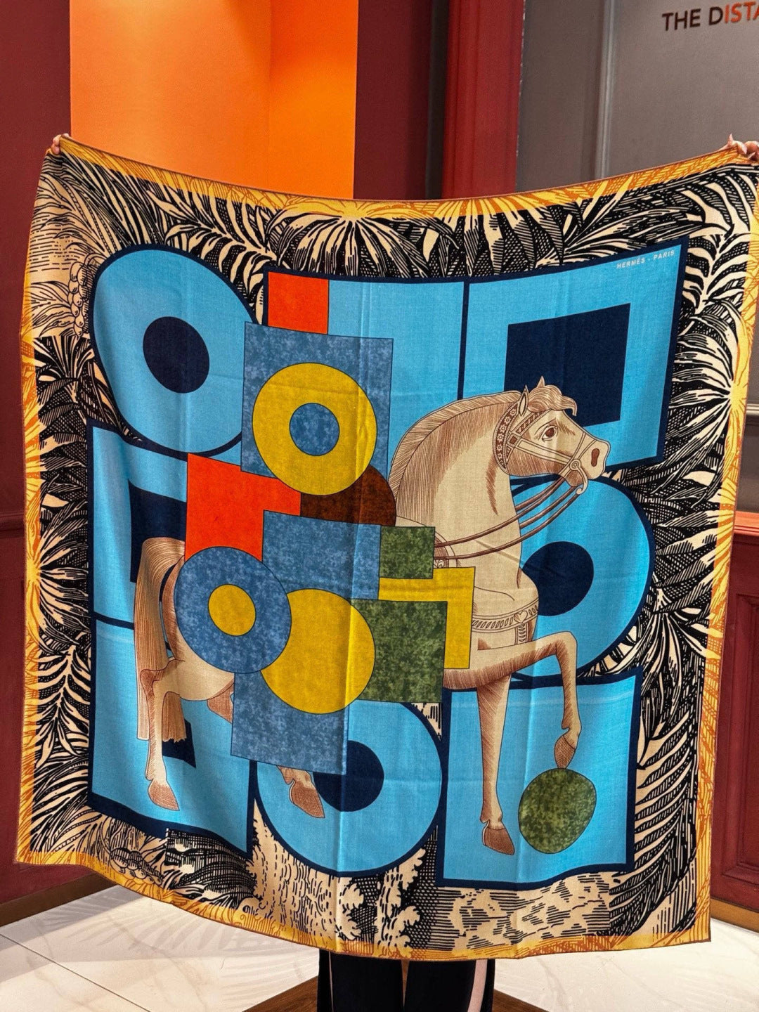 HM 26s Double-sided Scarf 140cm Bleu Yellow Silk Cashmere 153140
