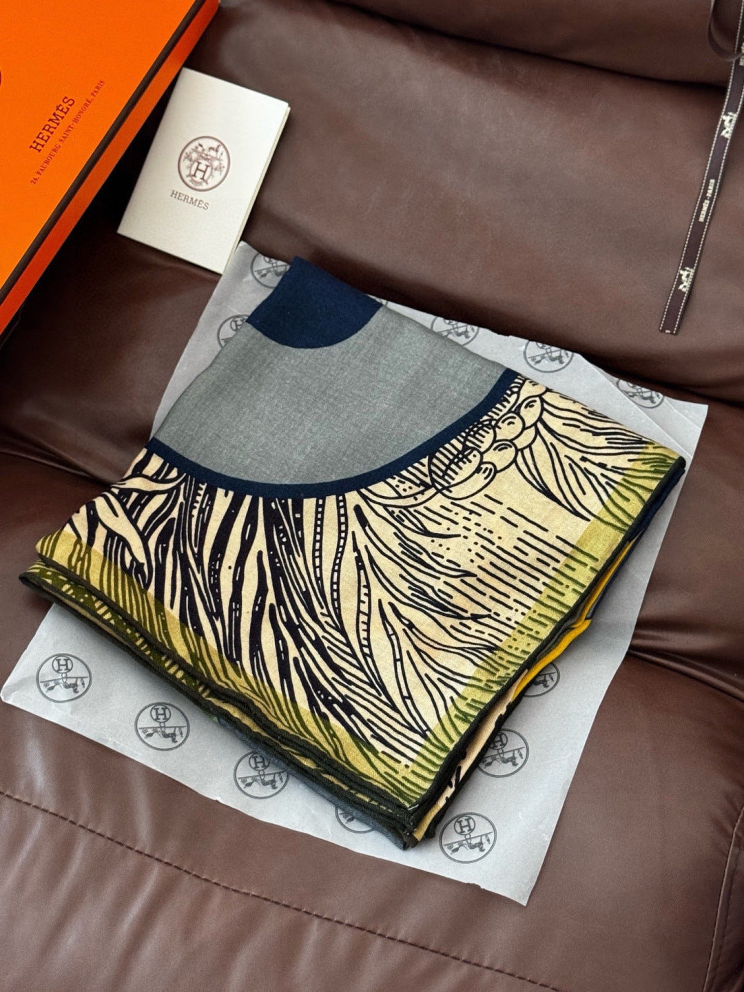 HM 26s Double-sided Scarf 140cm Bleu Jean Jaune Silk Cashmere 153141