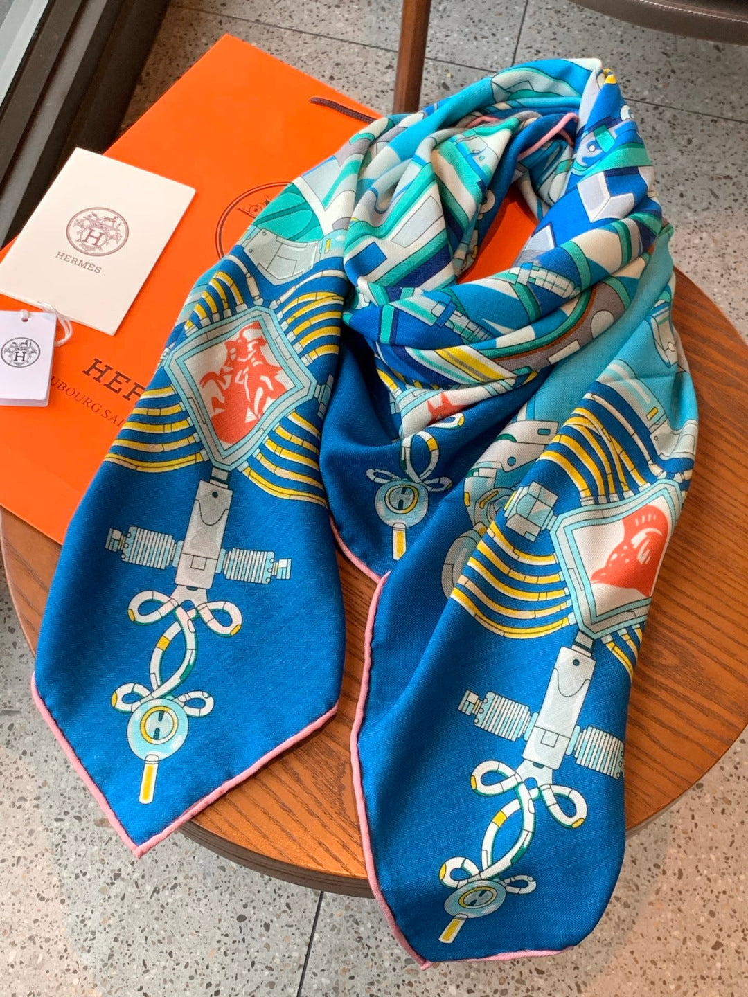 HM 26s Double-sided Scarf 140cm Bleu Turquoise Silk Cashmere 153161