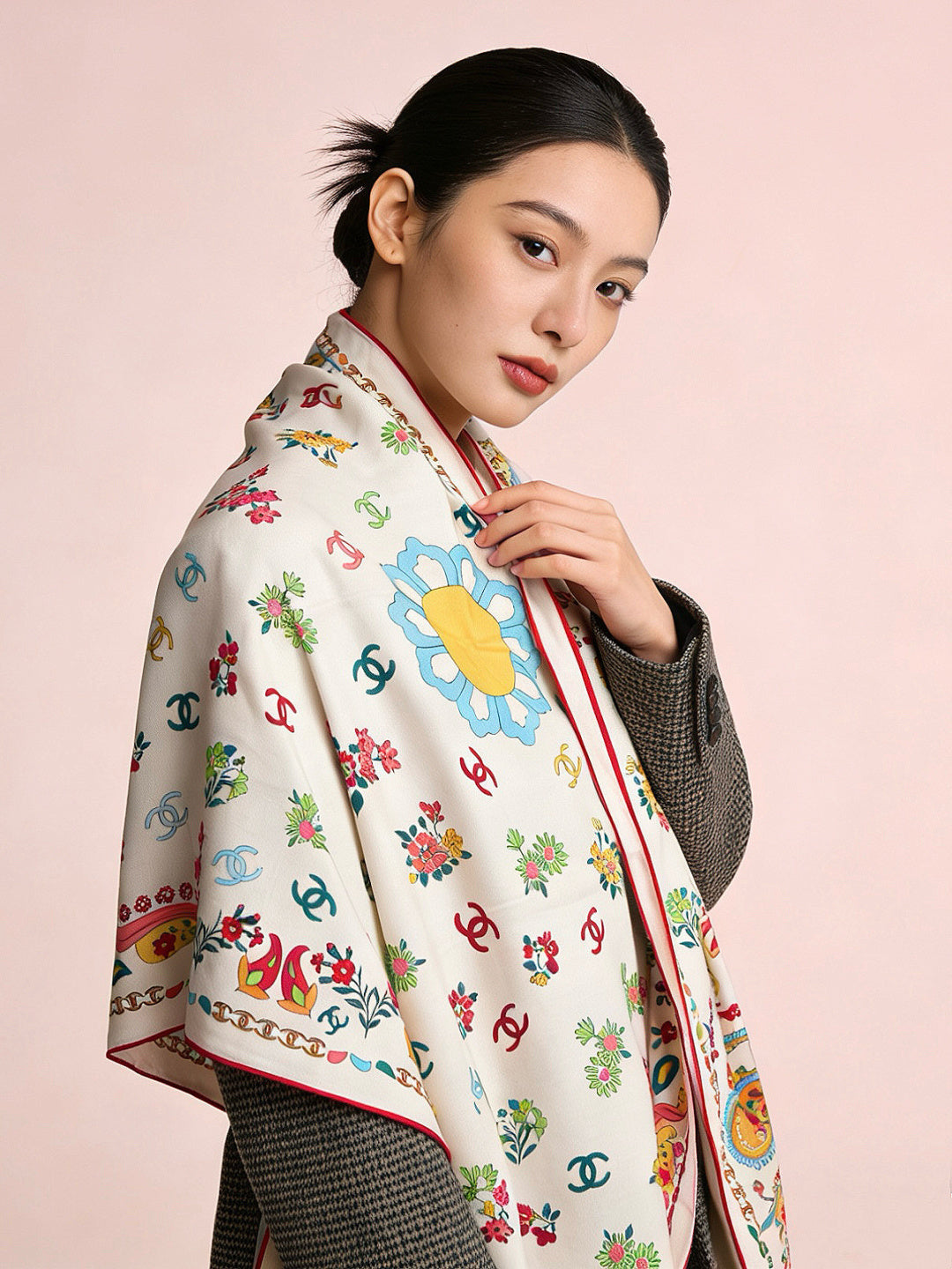 CC Double-Sided Scarf 135cm Ivory Multicolor  Mulberry Silk Cashmere 153168