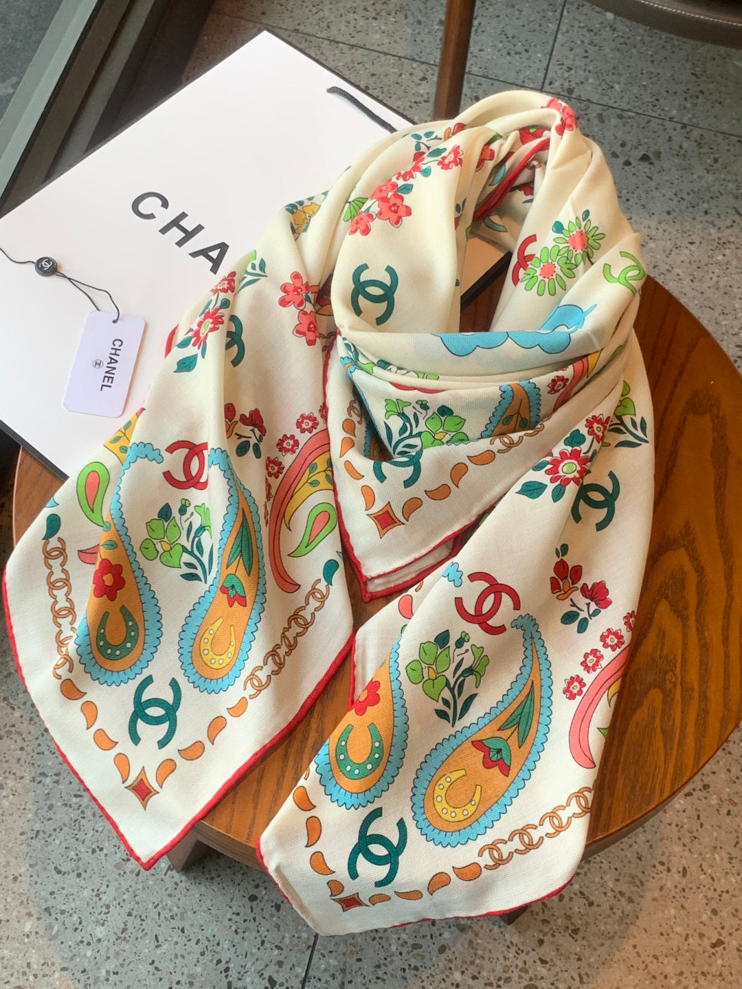 CC Double-Sided Scarf 135cm Ivory Multicolor  Mulberry Silk Cashmere 153168