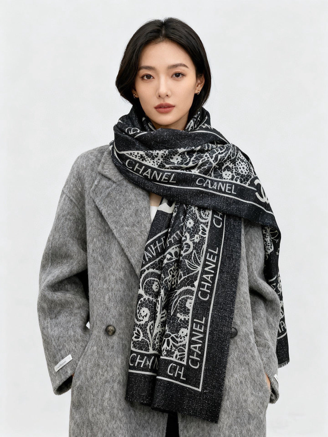 CC Double-Sided Scarf 100*200cm Black White Cashmere 153173