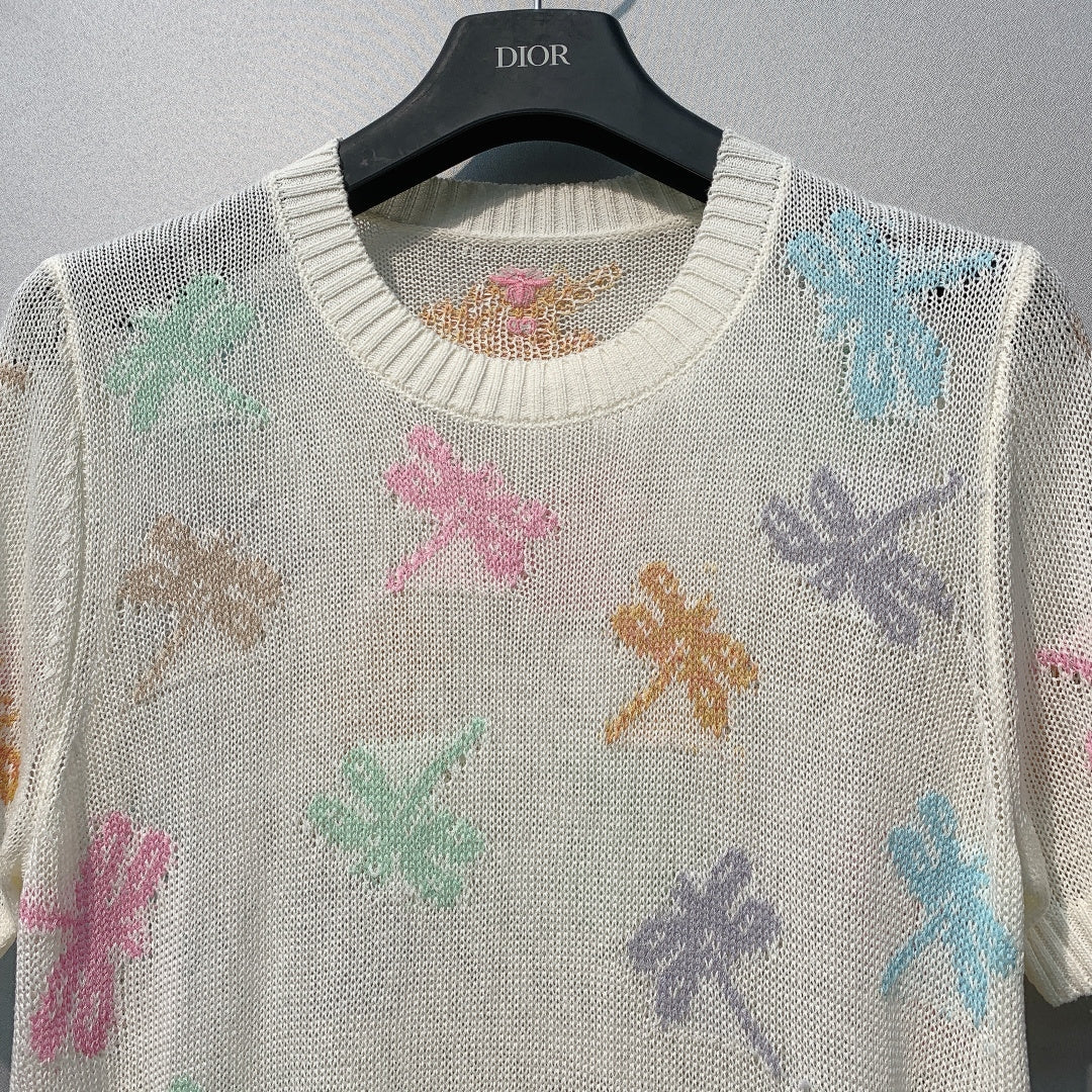 CD SS26 Dragonfly Embroidered Knit Top Ivory Cotton 350912