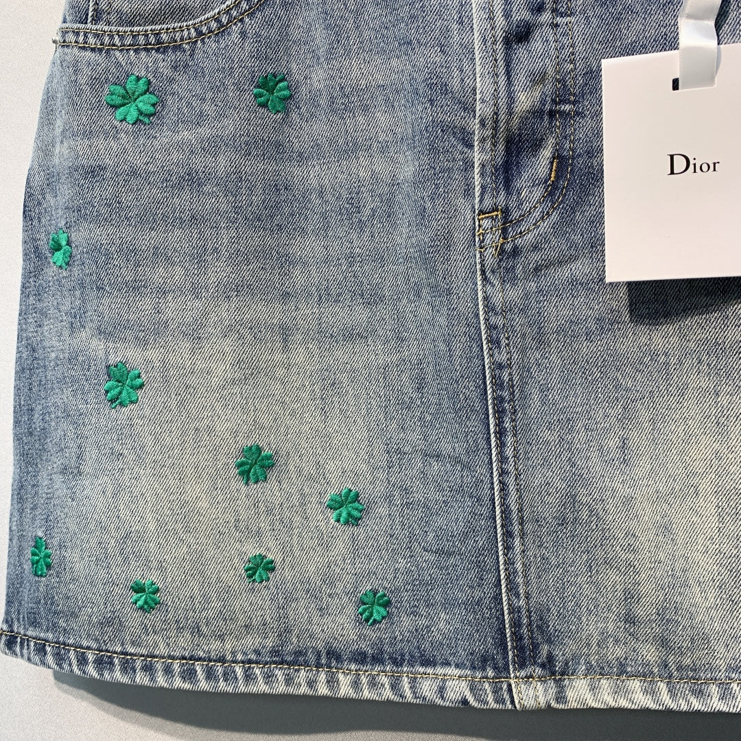 CD  Clover Embroidered Mini Skirt Blue Stonewashed Cotton 350924