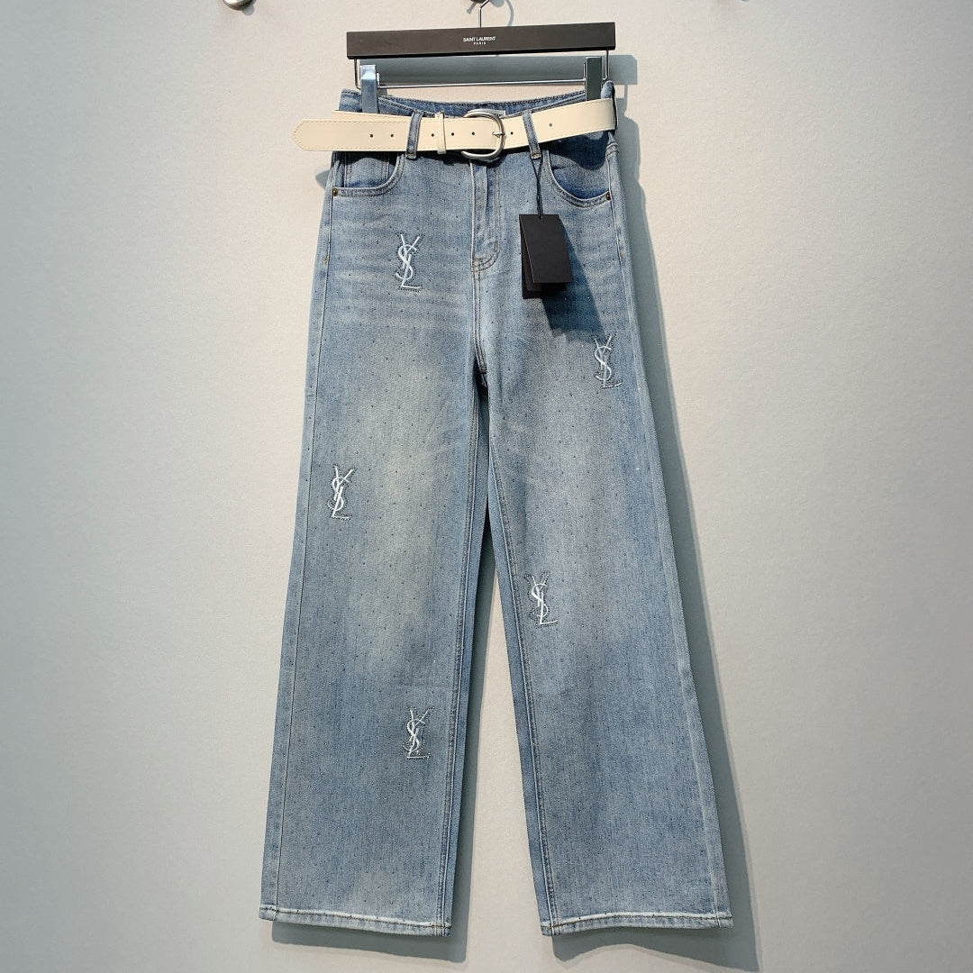 YSL Monogram Embroidered Wide-Leg Jeans Light Blue Cotton 350896
