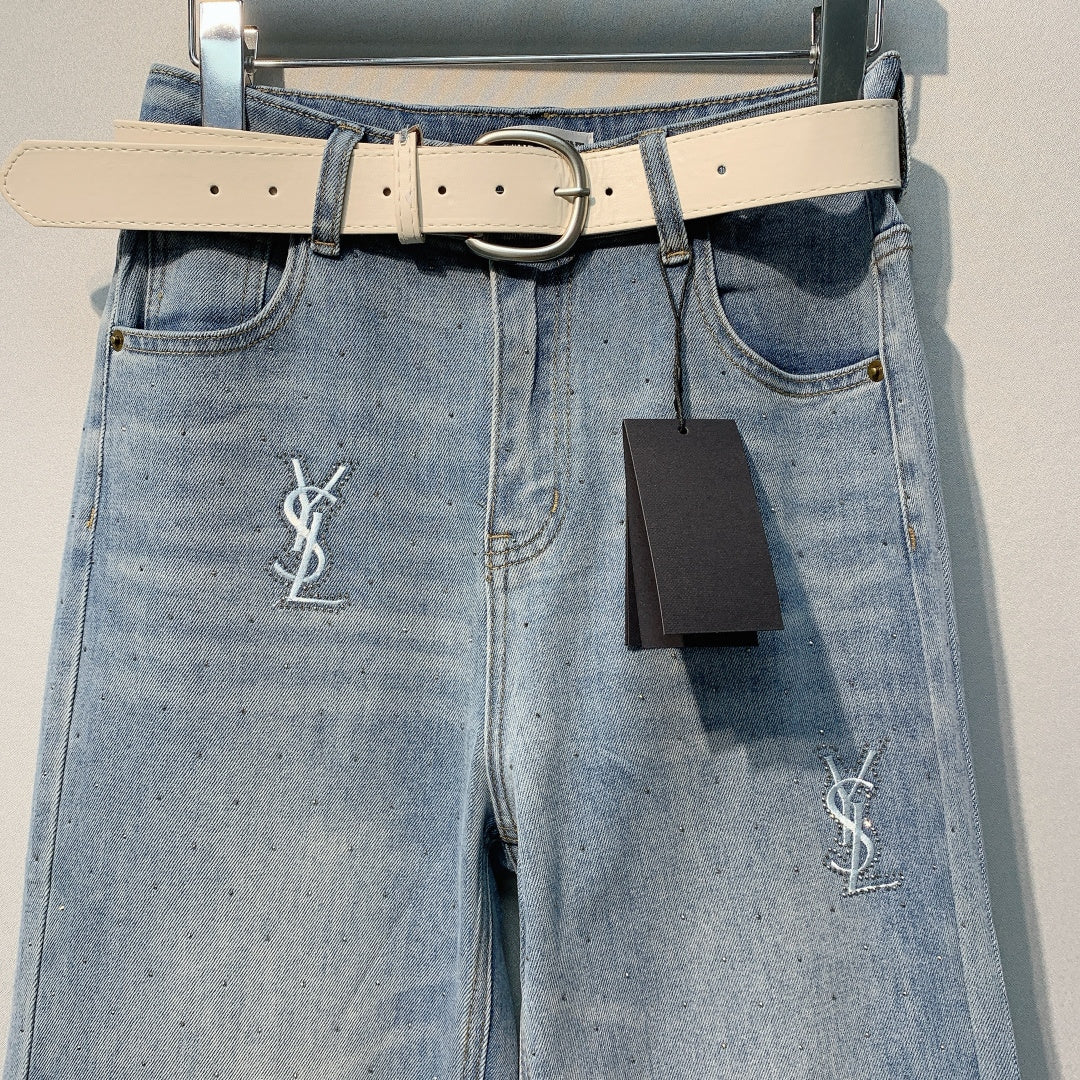 YSL Monogram Embroidered Wide-Leg Jeans Light Blue Cotton 350896