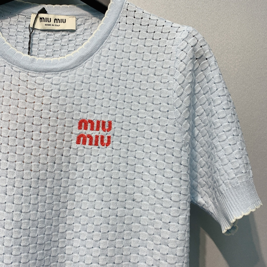 Miu Miu Short-Sleeve Knitwear Light Blue Linen Acrylic Lyocell 362605