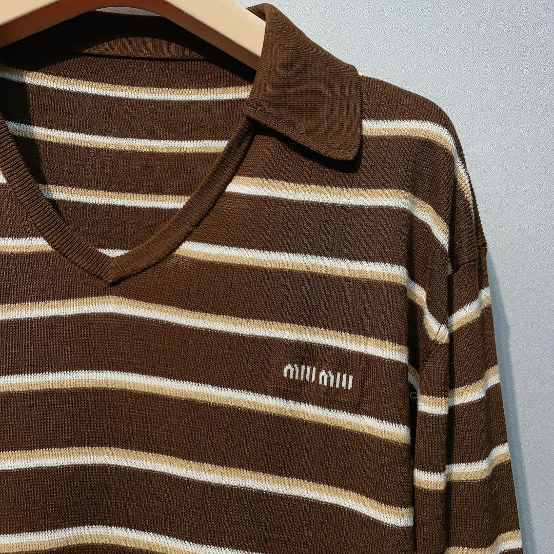 Miu Miu Striped V-Neck T-Shirt Brown Beige Cotton 362614