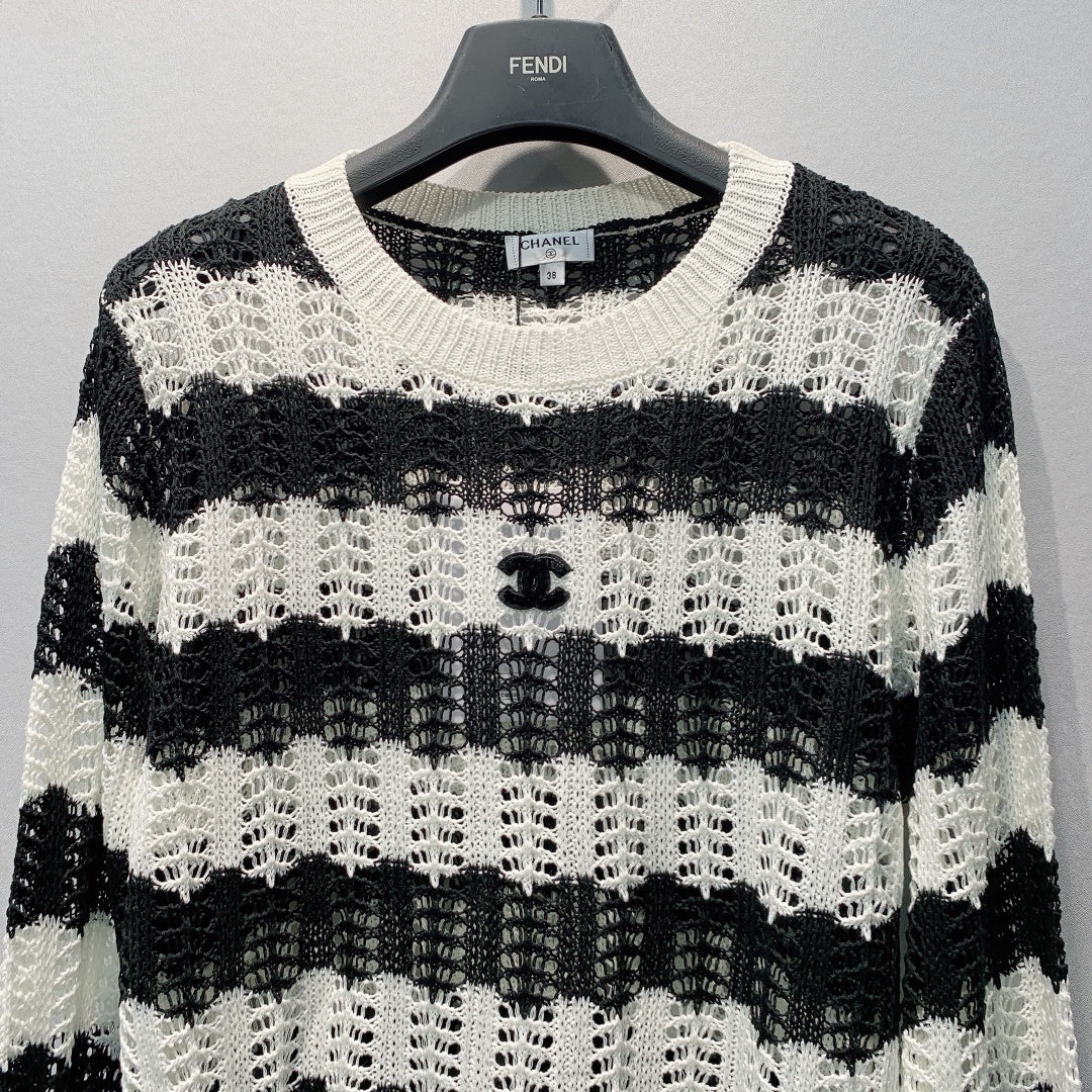 CC 26s Striped Openwork Sweater Black White 406249