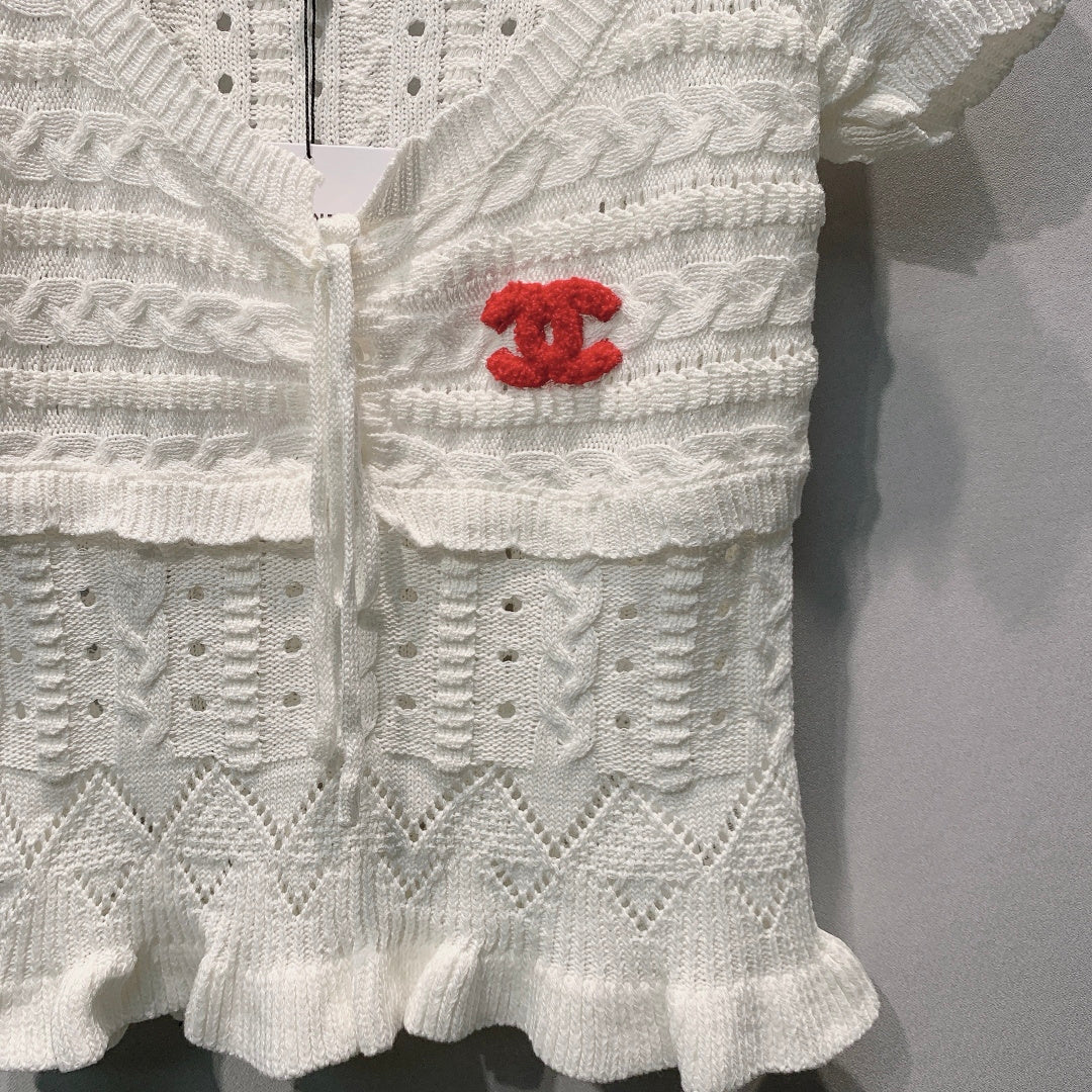 CC 26s Cable Sweater with Ruffles White Knit 406279