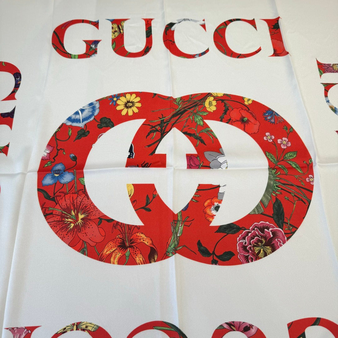 GG Signature Floral Scarf 90CM White Red Twill Silk 280694