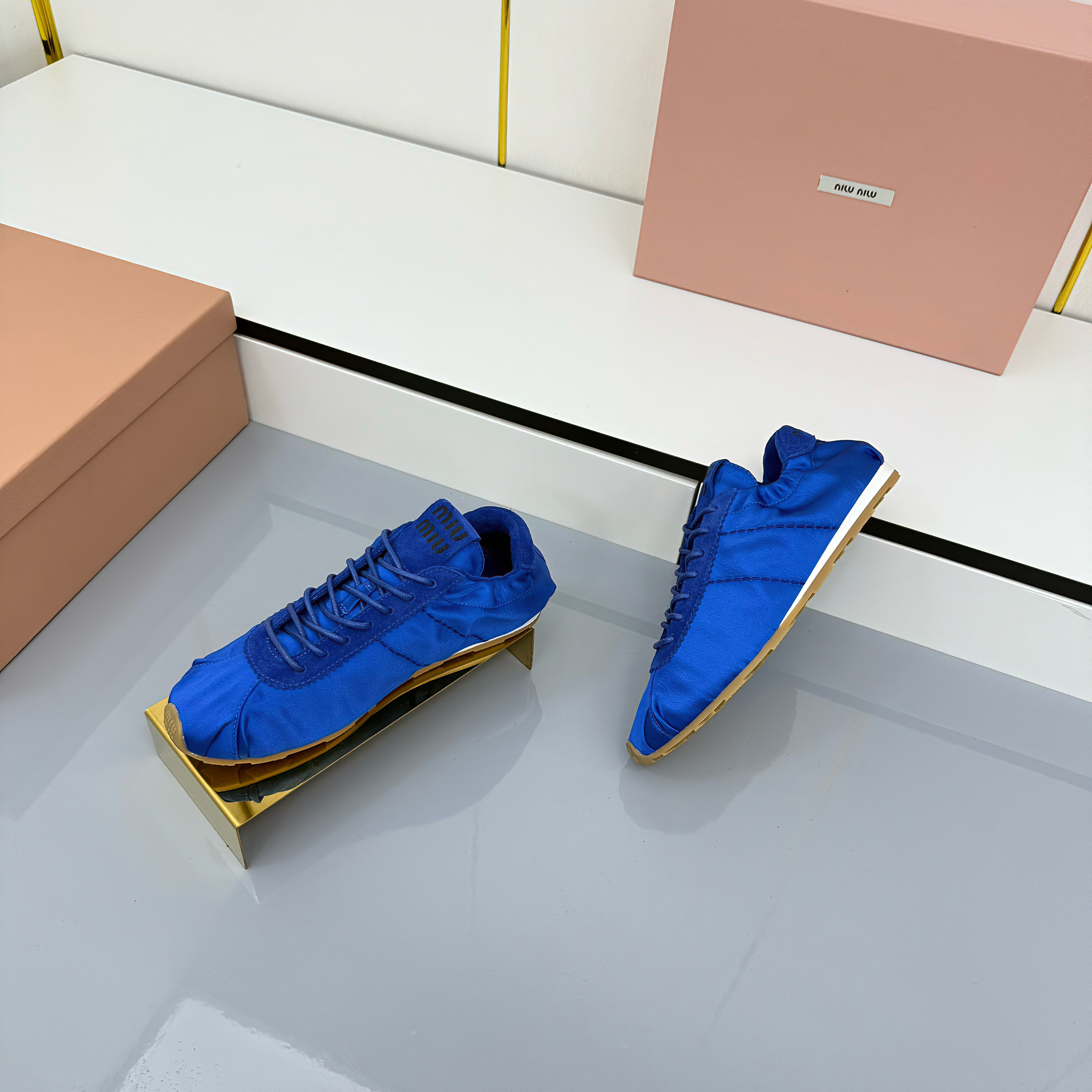 Miu Plume Sneakers Blue Satin 565675