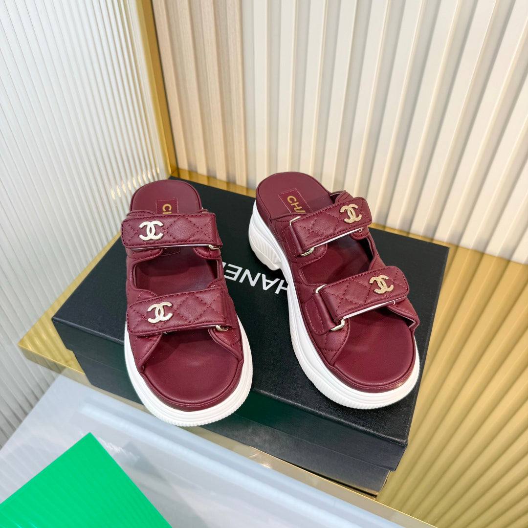 Chanel 26S Platform Sandals In Dark Red Lambskin