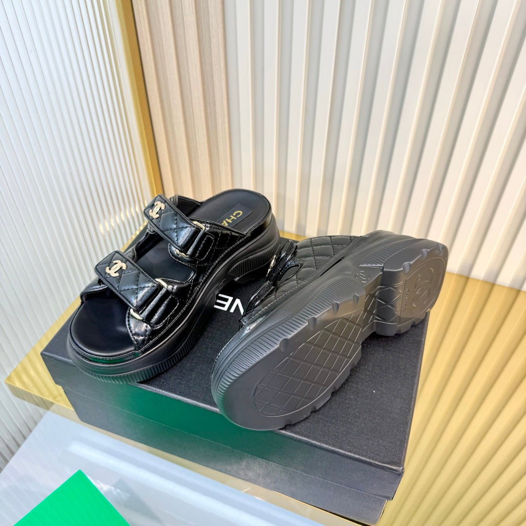 Chanel 26S Platform Sandals in Black Lambskin