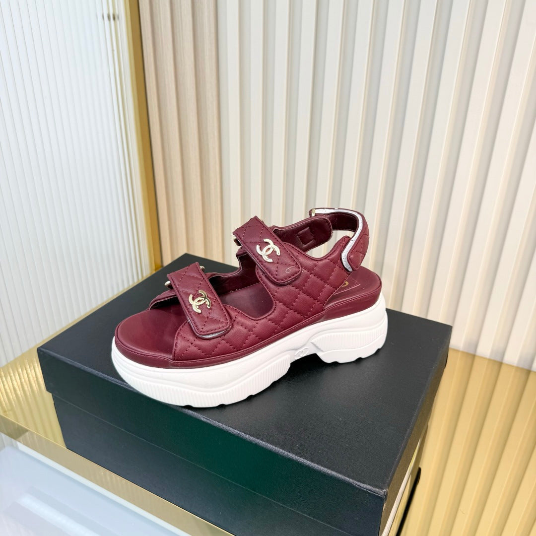 Chanel 26S Platform Velcro Sandals in Dark Red Lambskin