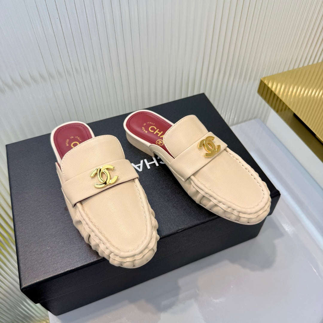 Chanel 26s Loafer Mules In Beige Calfskin With Cc Logo
