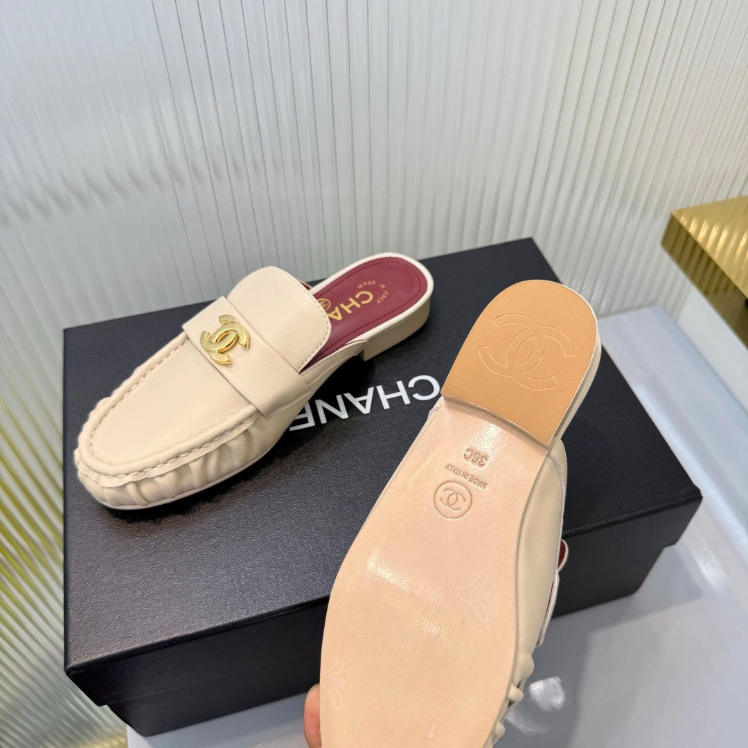 Chanel 26s Loafer Mules In Beige Calfskin With Cc Logo
