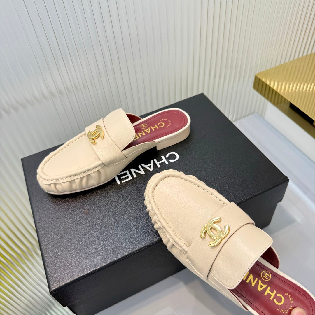 Chanel 26s Loafer Mules In Beige Calfskin With Cc Logo