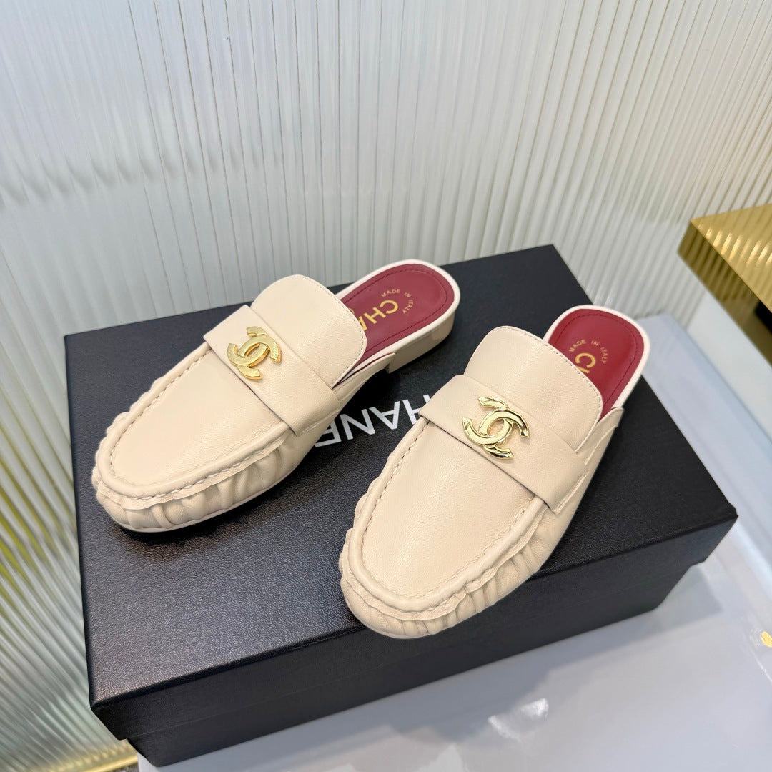 Chanel 26s Loafer Mules In Beige Calfskin With Cc Logo