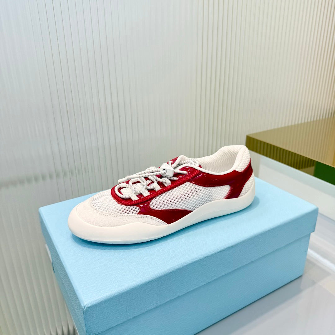 Prada 26s Speedrock Sneakers White Red Patent Leather Mesh Fabric 986639