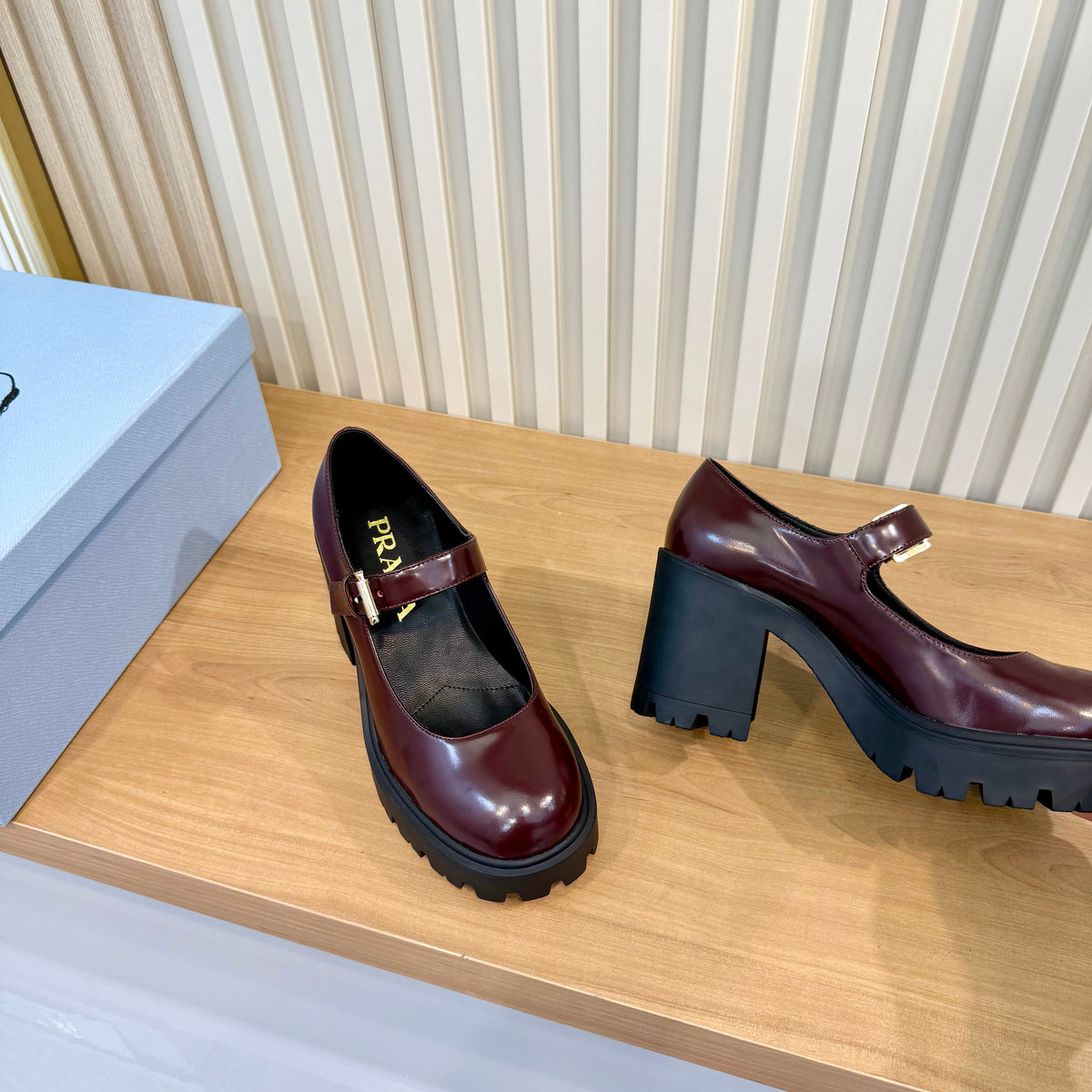 Prada 26s Mary Jane Shoes Burgundy Patent Leather 140577