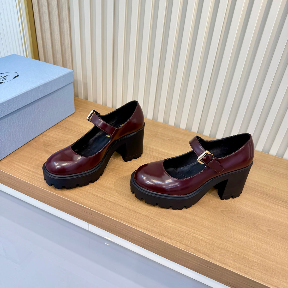Prada 26s Mary Jane Shoes Burgundy Patent Leather 140577