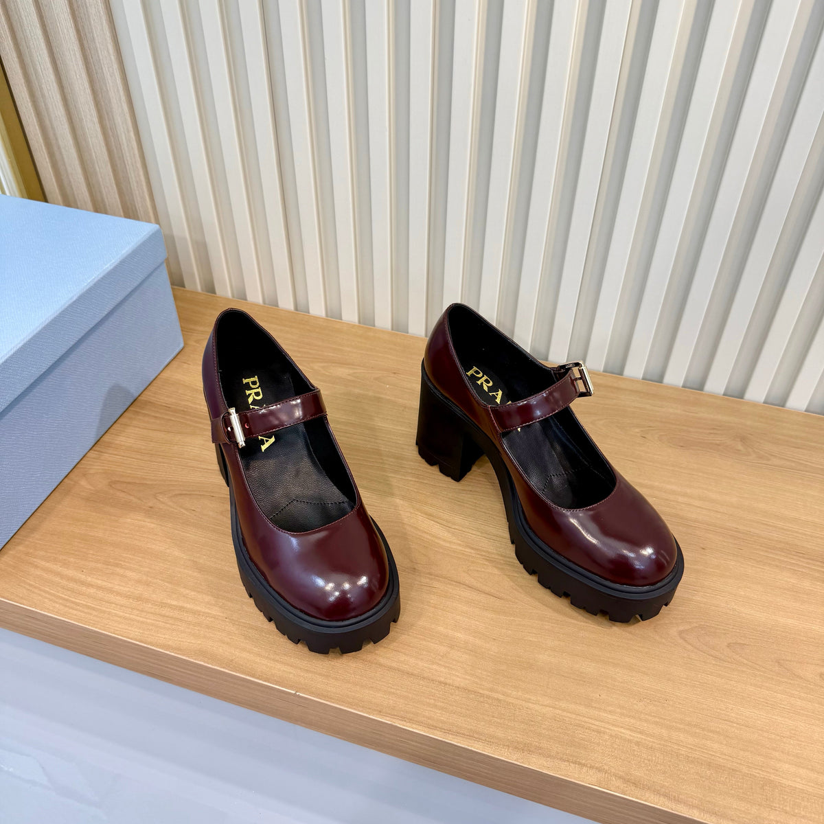 Prada 26s Mary Jane Shoes Burgundy Patent Leather 140577