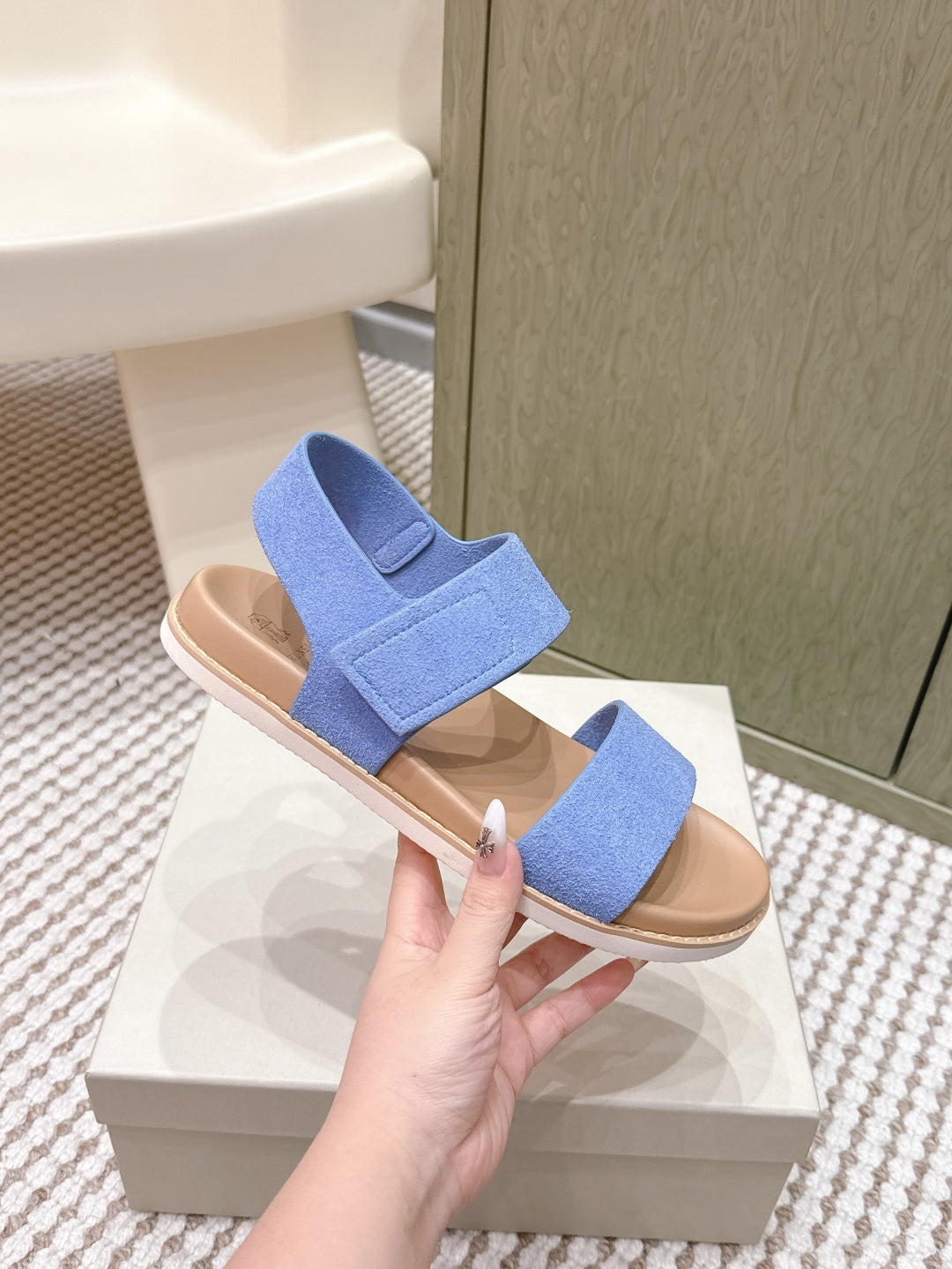 Brunello 26s Velcro  Men's Sandals Light Blue Brown Suede Cowhide  612227