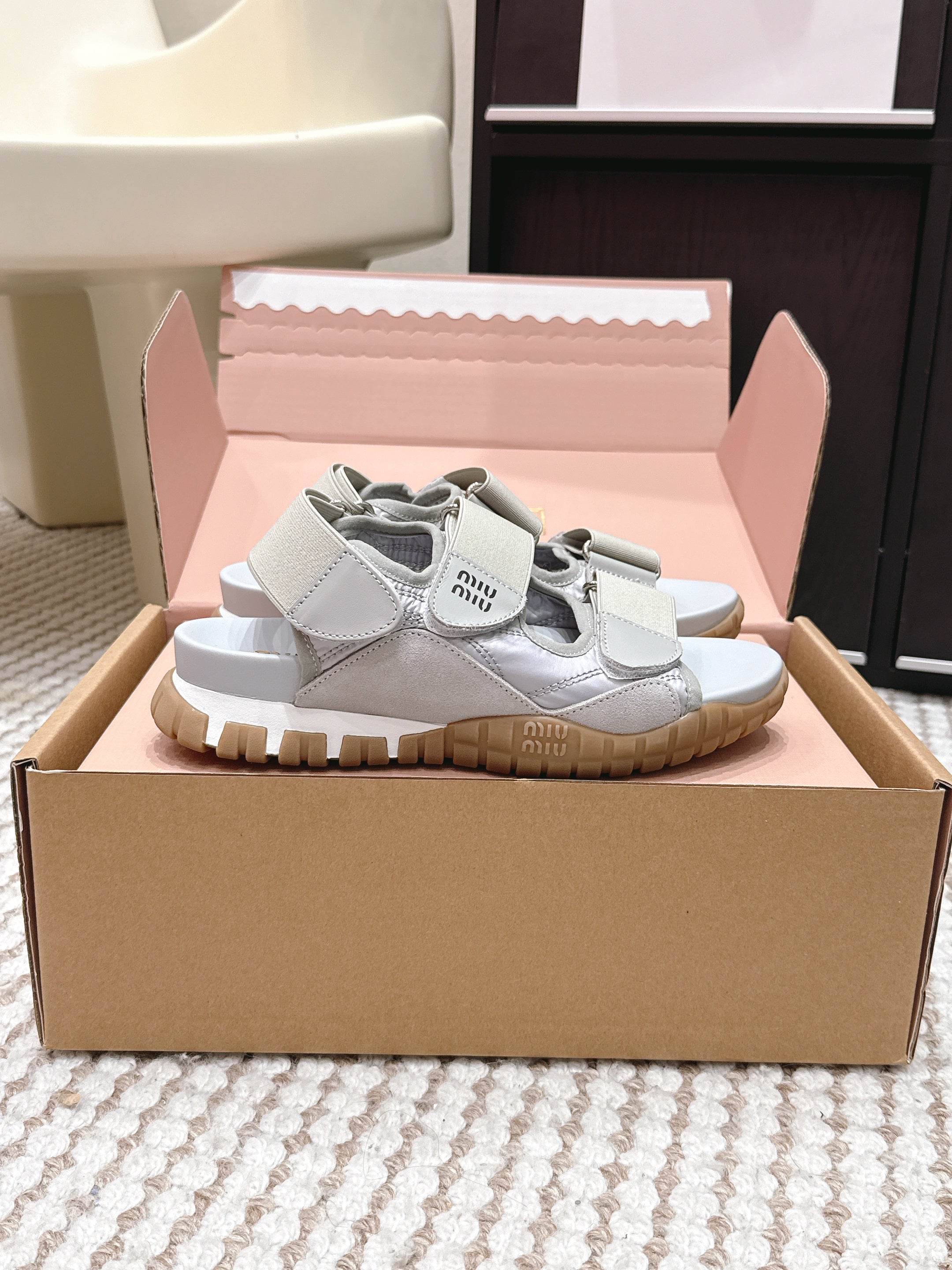 Miu 26s Velcro Sandals Grey Nylon Suede 632332