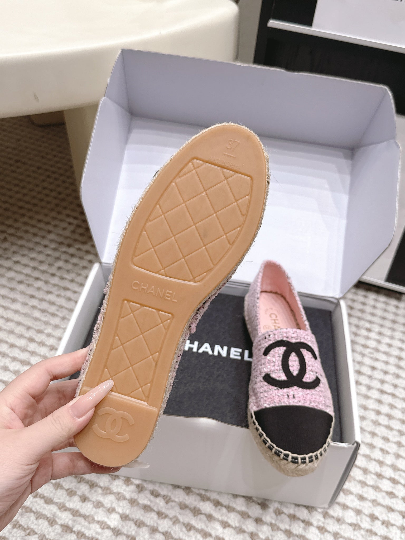 CC 26s Slip Ons Black Pink Tweed Patent Calfskin