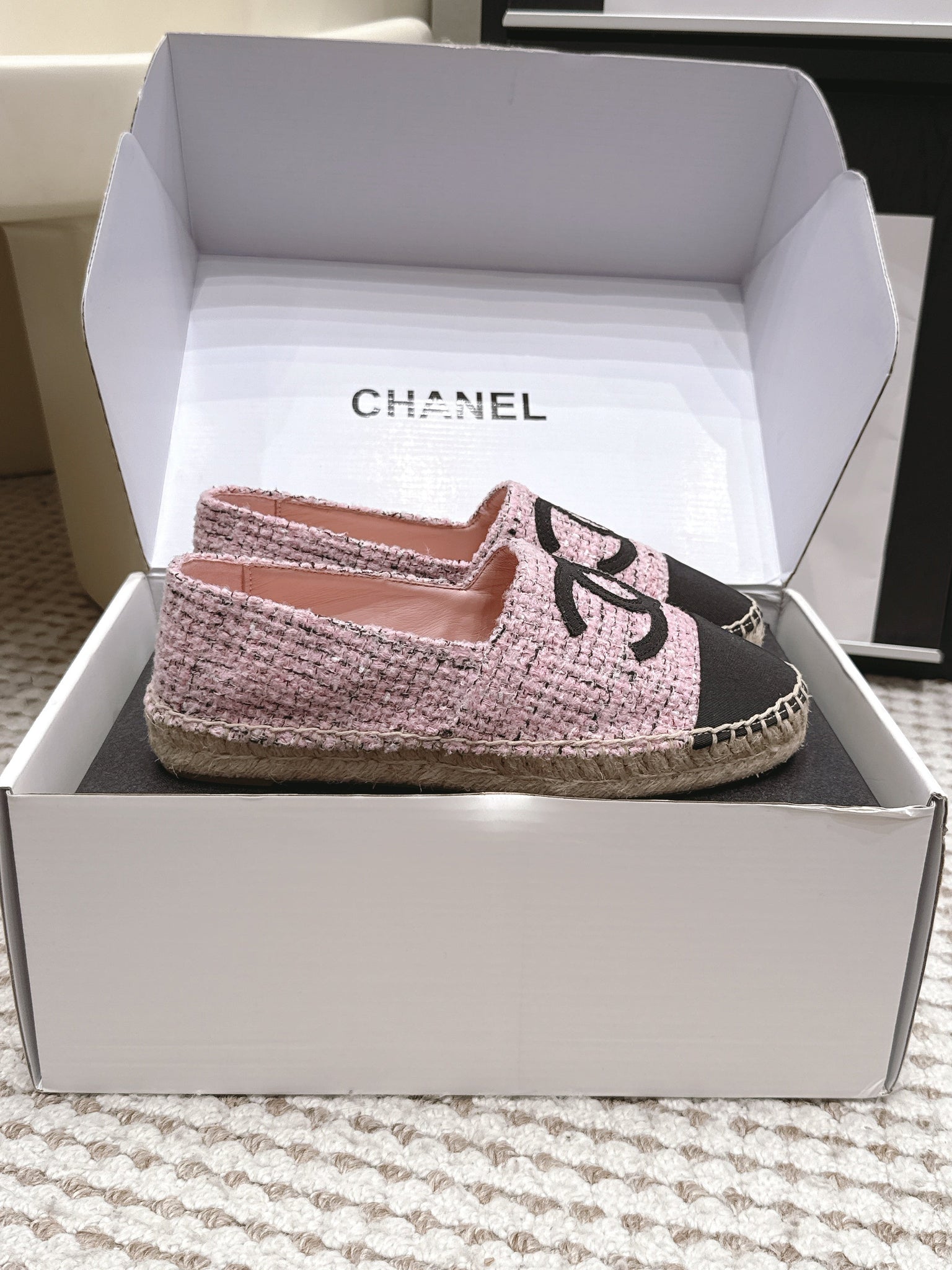 CC 26s Slip Ons Black Pink Tweed Patent Calfskin