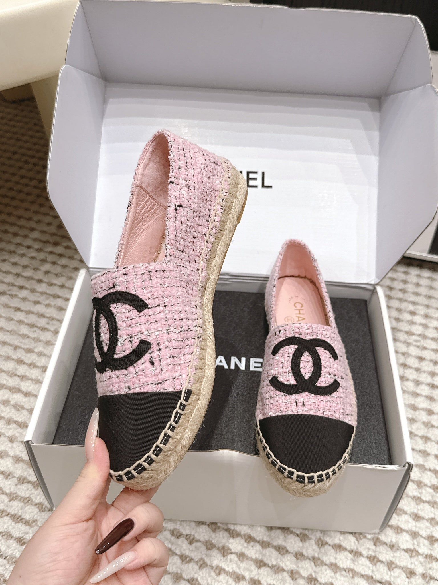 CC 26s Slip Ons Black Pink Tweed Patent Calfskin