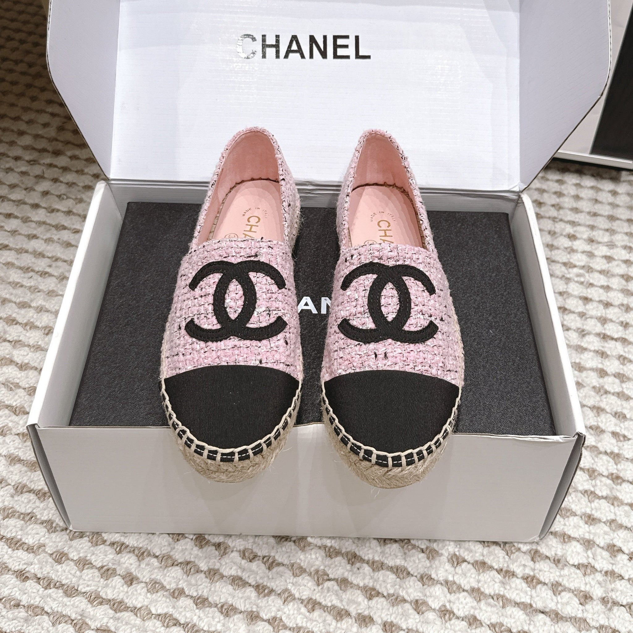 CC 26s Slip Ons Black Pink Tweed Patent Calfskin