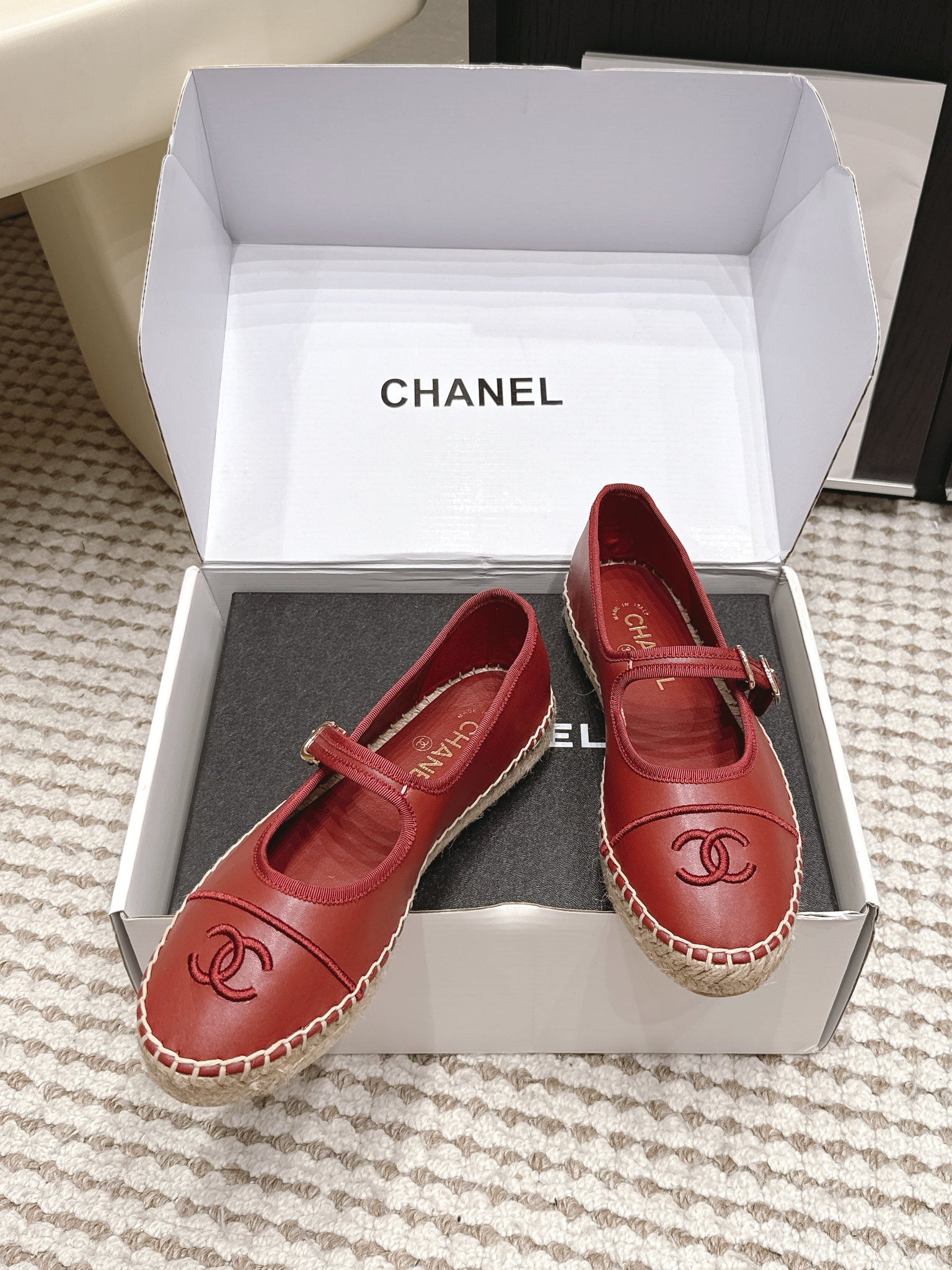 Chanel 26S Mary Jane Flats In Dark Red Lambskin Espadrille Sole