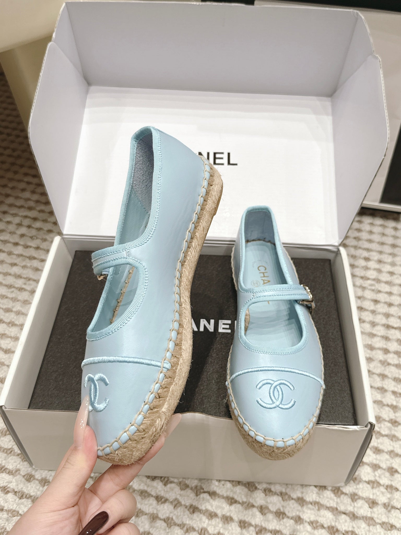 Chanel 26S Mary Jane Flats In Light Blue Lambskin Espadrille Sole