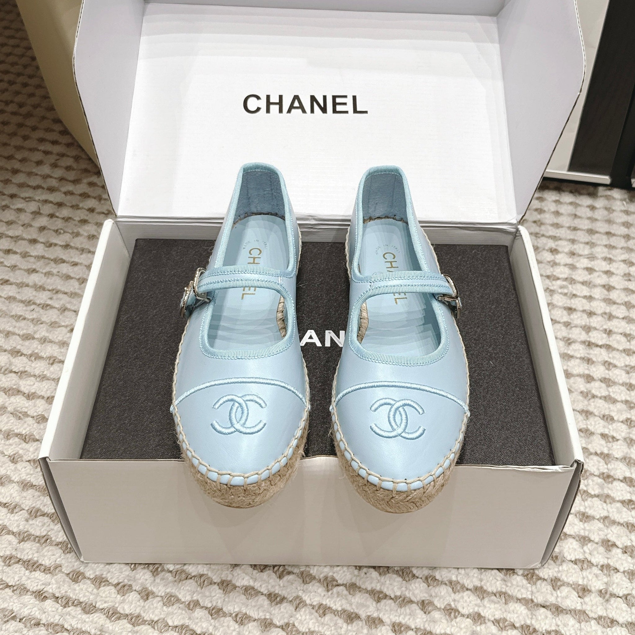 Chanel 26S Mary Jane Flats In Light Blue Lambskin Espadrille Sole